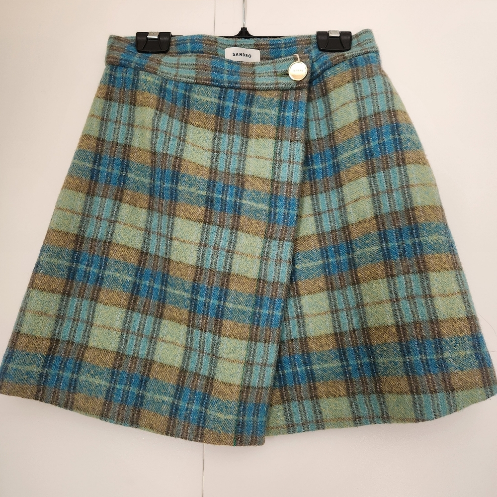 SANDRO Plaid Wool Wrap Skirt in Teal Plaid